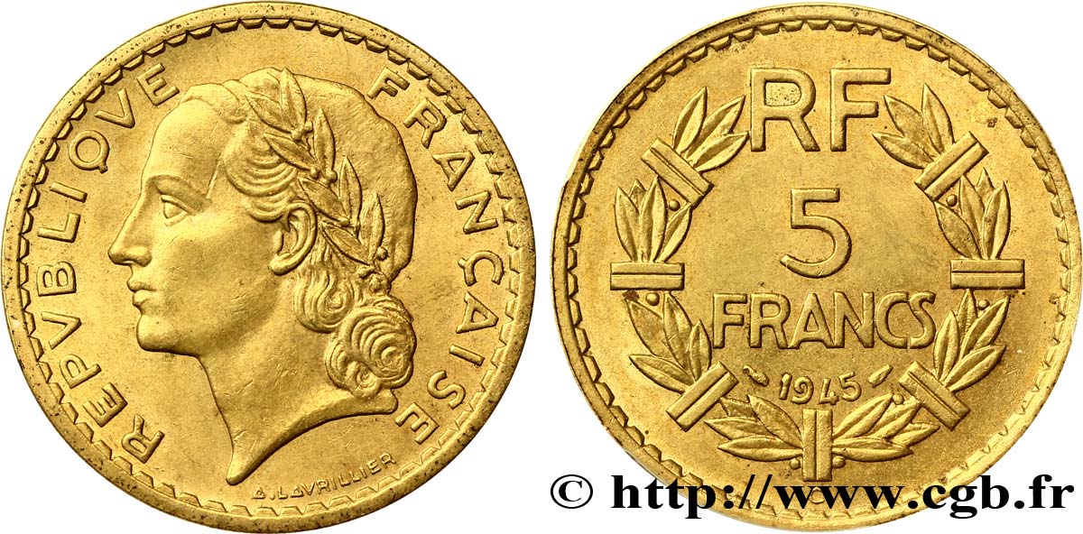 5 francs Lavrillier, bronze-aluminium 1945 Castelsarrasin F.337/6 fST63 