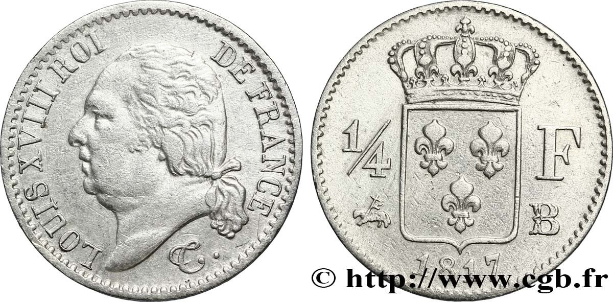 1/4 franc Louis XVIII 1817 Rouen F.163/2 AU52 