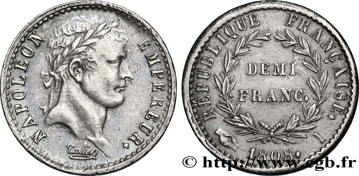 Demi-franc Napoléon Ier tête laurée, République française, buste fin 1808 Limoges F.177/8 AU53 