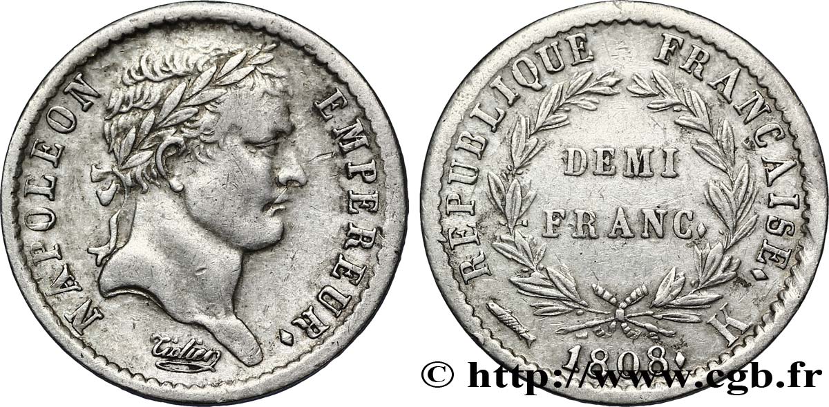 Demi-franc Napoléon Ier tête laurée, République française, buste fin 1808 Bordeaux F.177/9 TTB48 