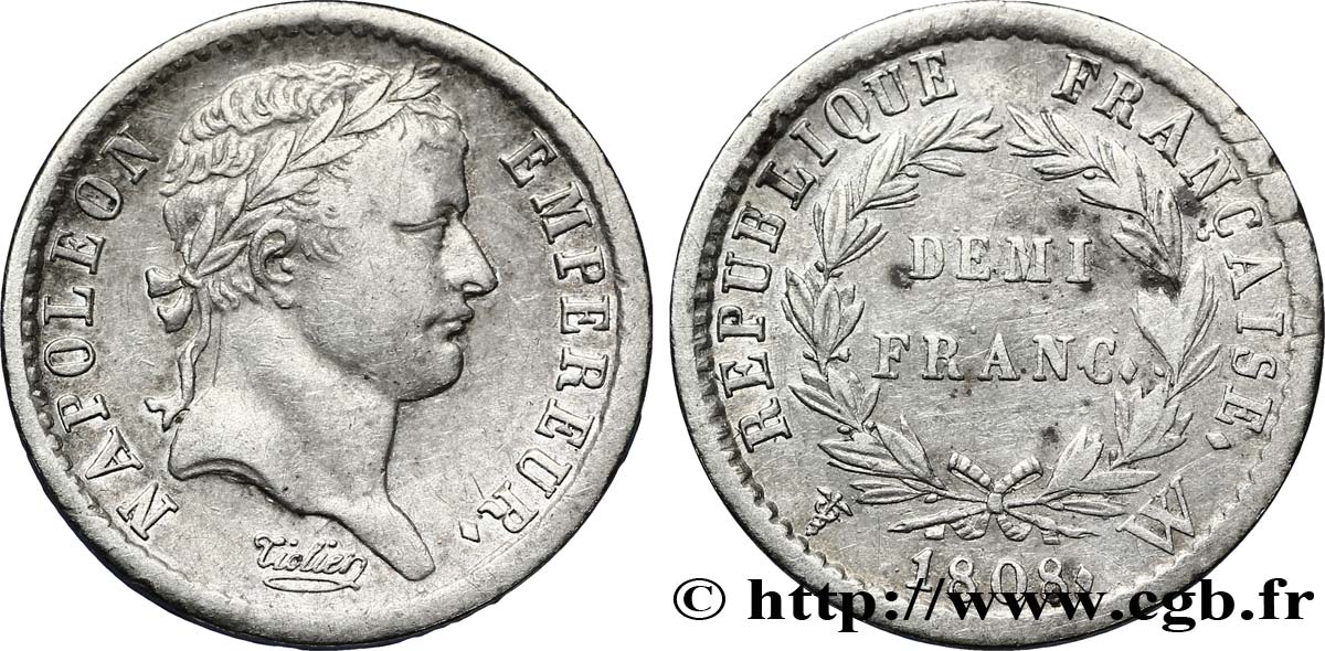 Demi-franc Napoléon Ier tête laurée, République française, buste fort 1808 Lille F.177/16 TTB42 