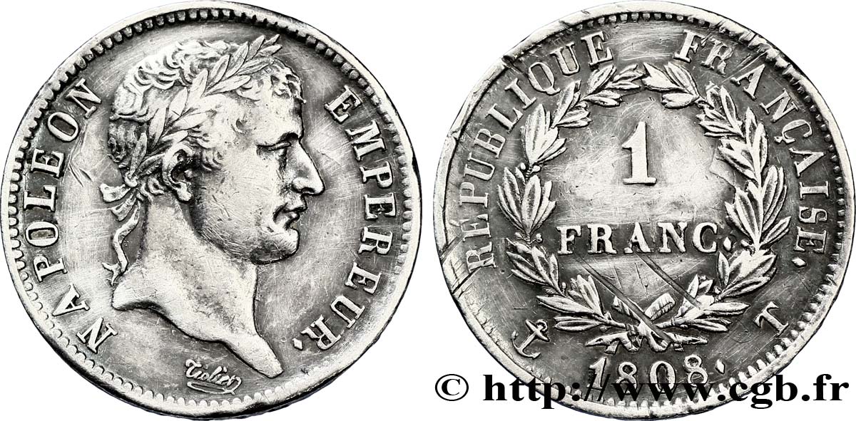 1 franc Napoléon Ier tête laurée, République française 1808 Nantes F.204/13 XF45 