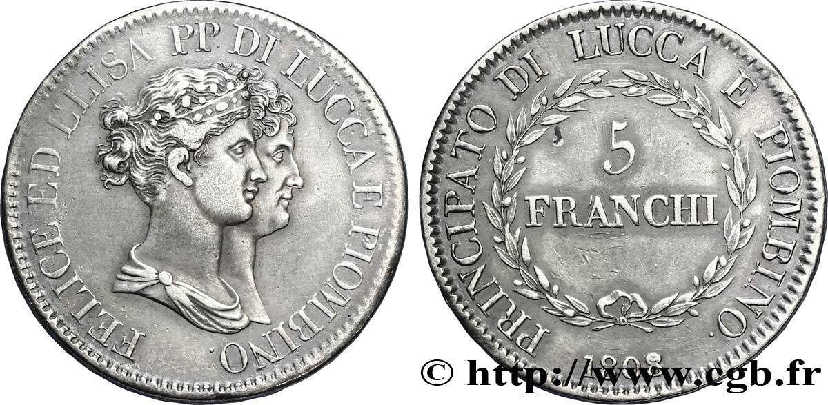 5 franchi, grands bustes 1808 Florence M.439  XF45 