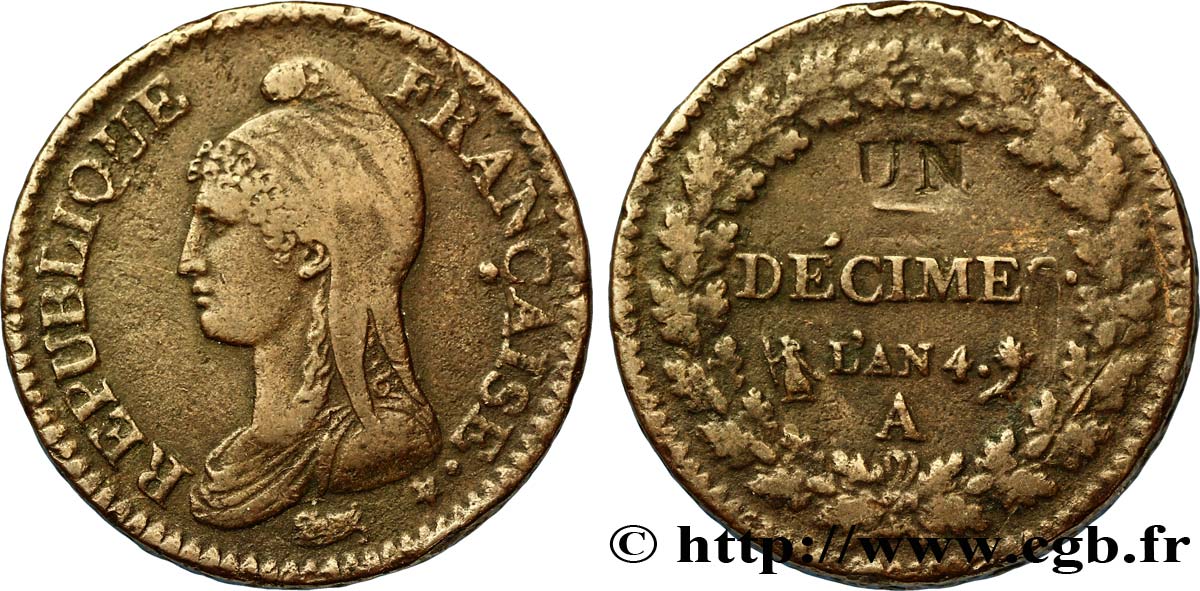 Un décime Dupré, modification du 2 décimes 1796 Paris F.127/1 S38 