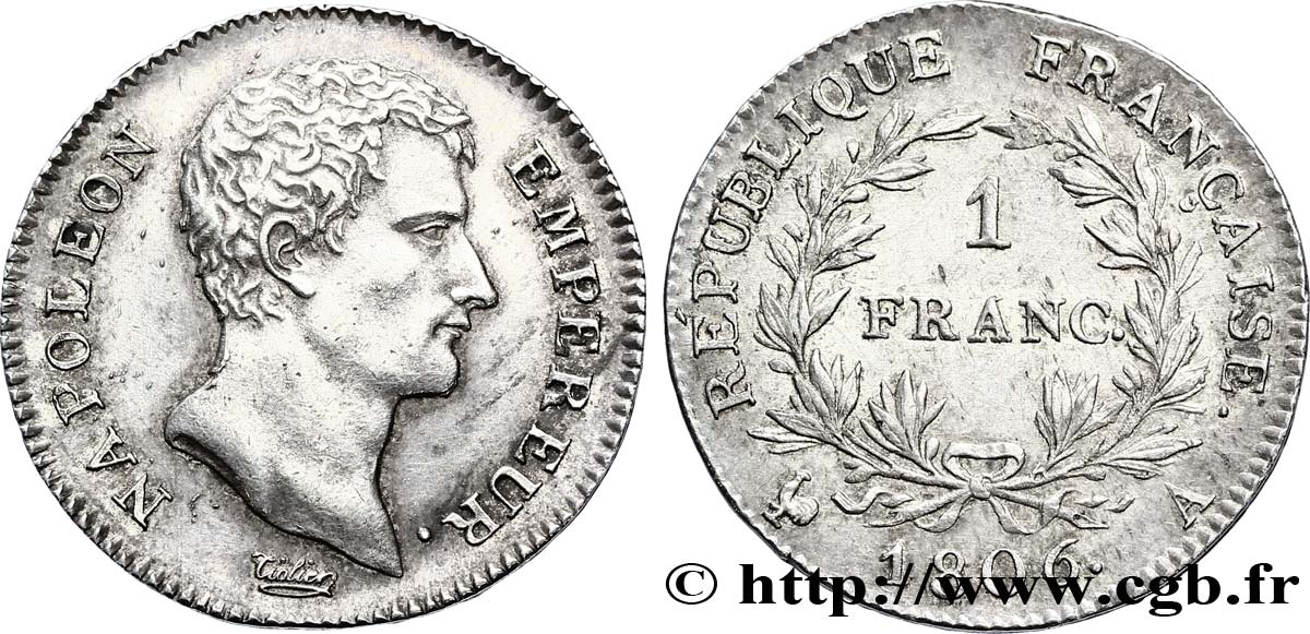 1 franc Napoléon Empereur, Calendrier grégorien 1806 Paris F.202/1 AU58 