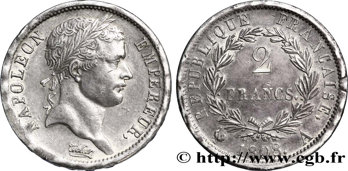 2 francs Napoléon Ier tête laurée, République française 1808 Paris F.254/4 TTB53 