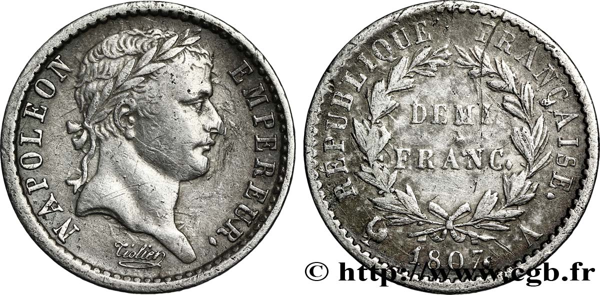 Demi-franc Napoléon Ier tête laurée, République française, buste fort 1807 Paris F.177/1 TTB40 