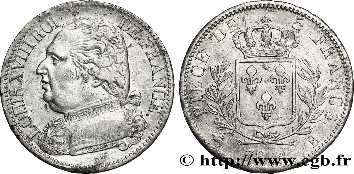 5 francs Louis XVIII, buste habillé 1814 Rouen F.308/2 TTB48 