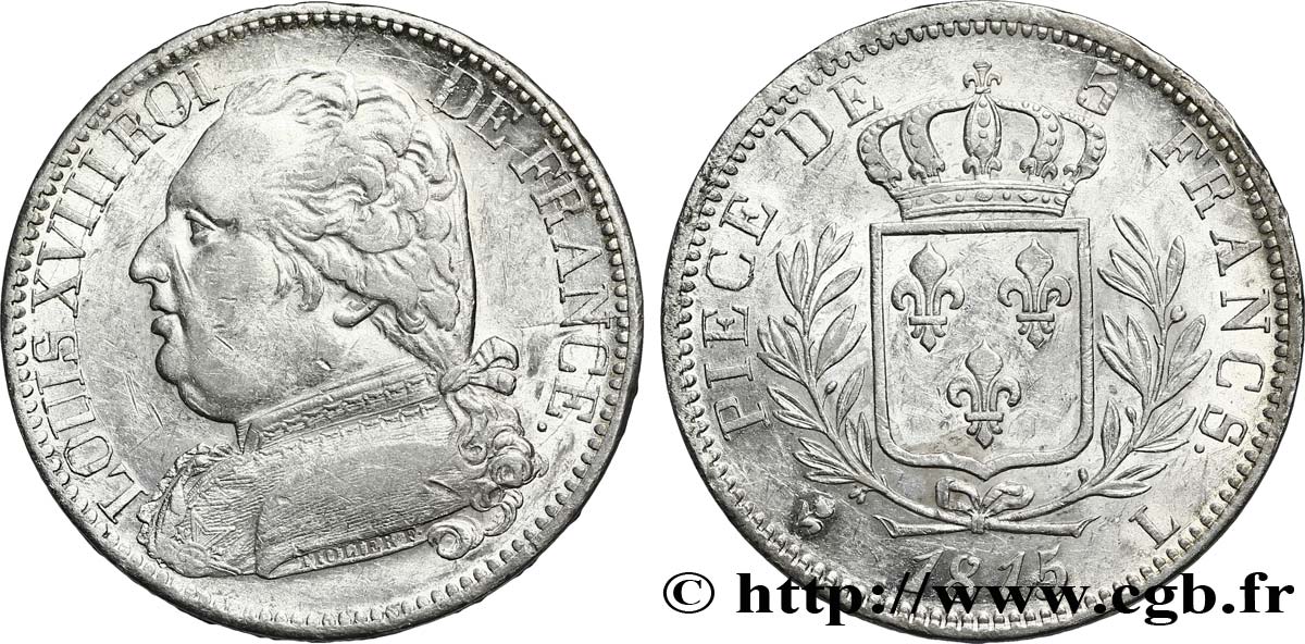 5 francs Louis XVIII, buste habillé 1815 Bayonne F.308/24 SS50 