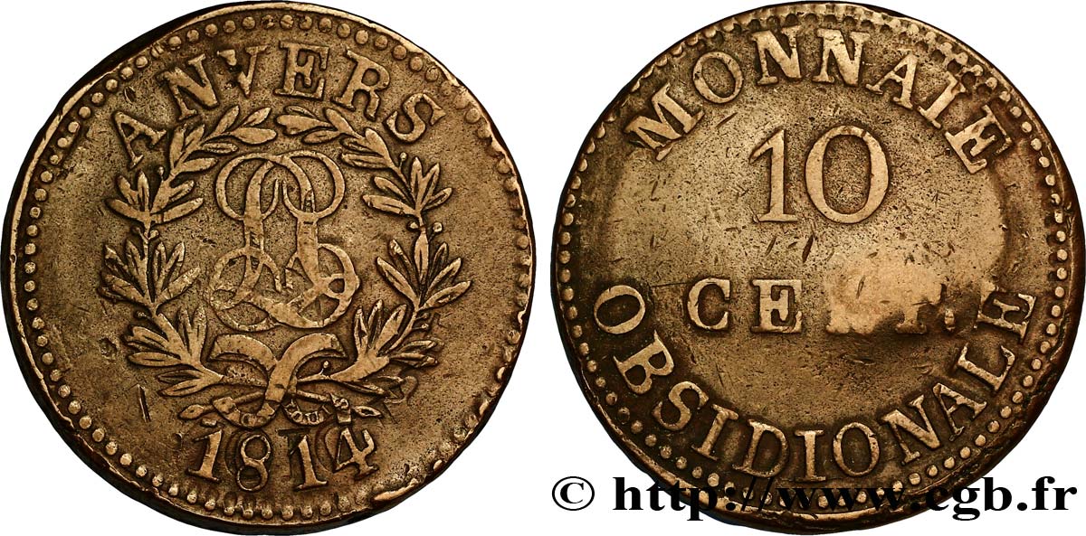 10 cent. Anvers au double L, frappe de l’arsenal de la marine 1814  Anvers F.130D/1 XF40 