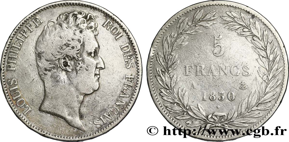 5 francs type Tiolier sans le I, tranche en relief 1830 Paris F.314/1 S25 