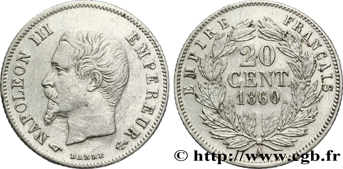 20 centimes Napoléon III, tête nue 1860 Paris F.148/13 XF48 