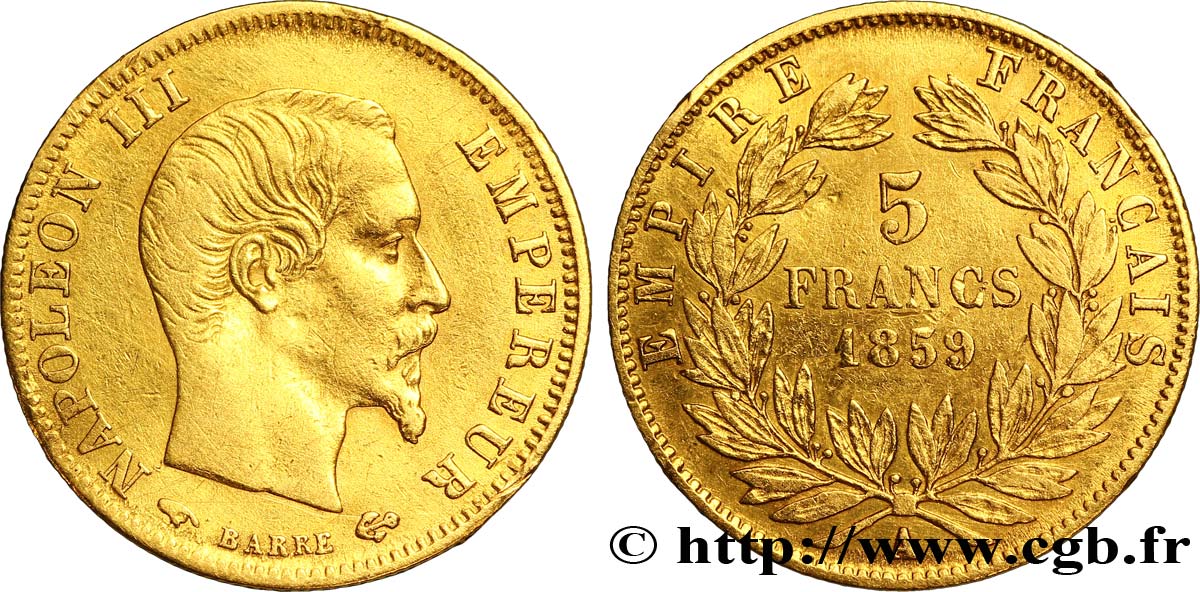 5 francs or Napoléon III, tête nue, grand module 1859 Paris F.501/7 TTB40 