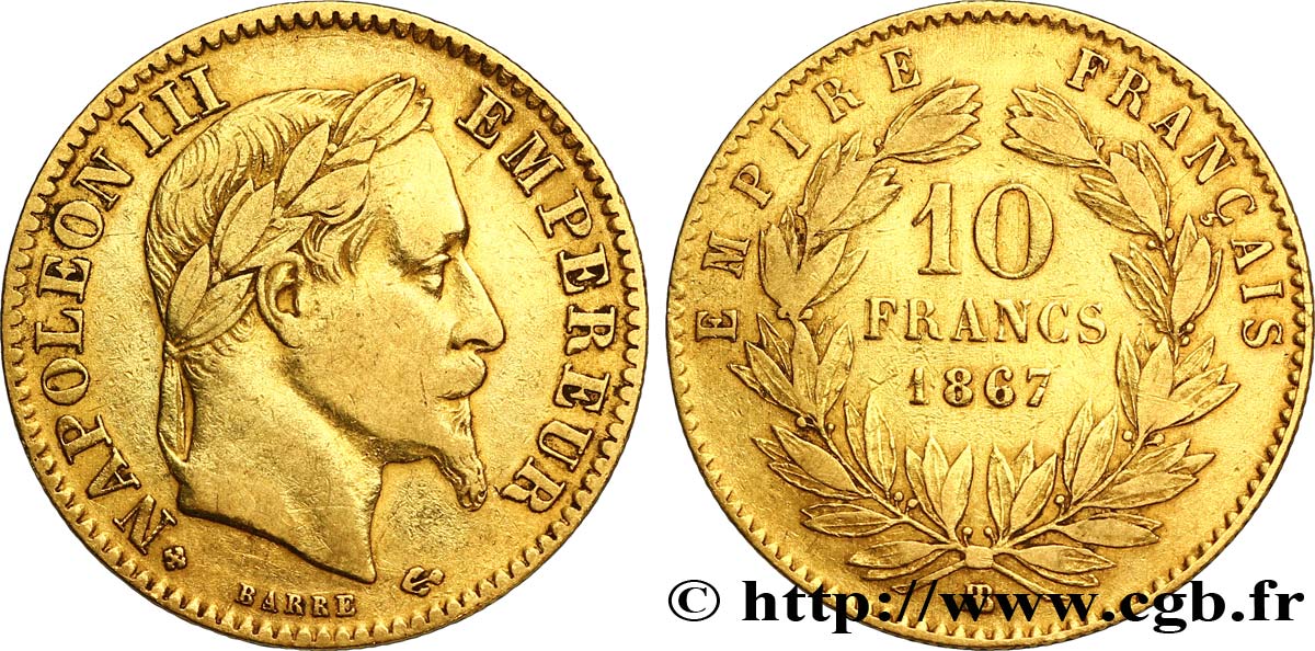 10 francs or Napoléon III, tête laurée 1867 Strasbourg F.507A/16 XF45 