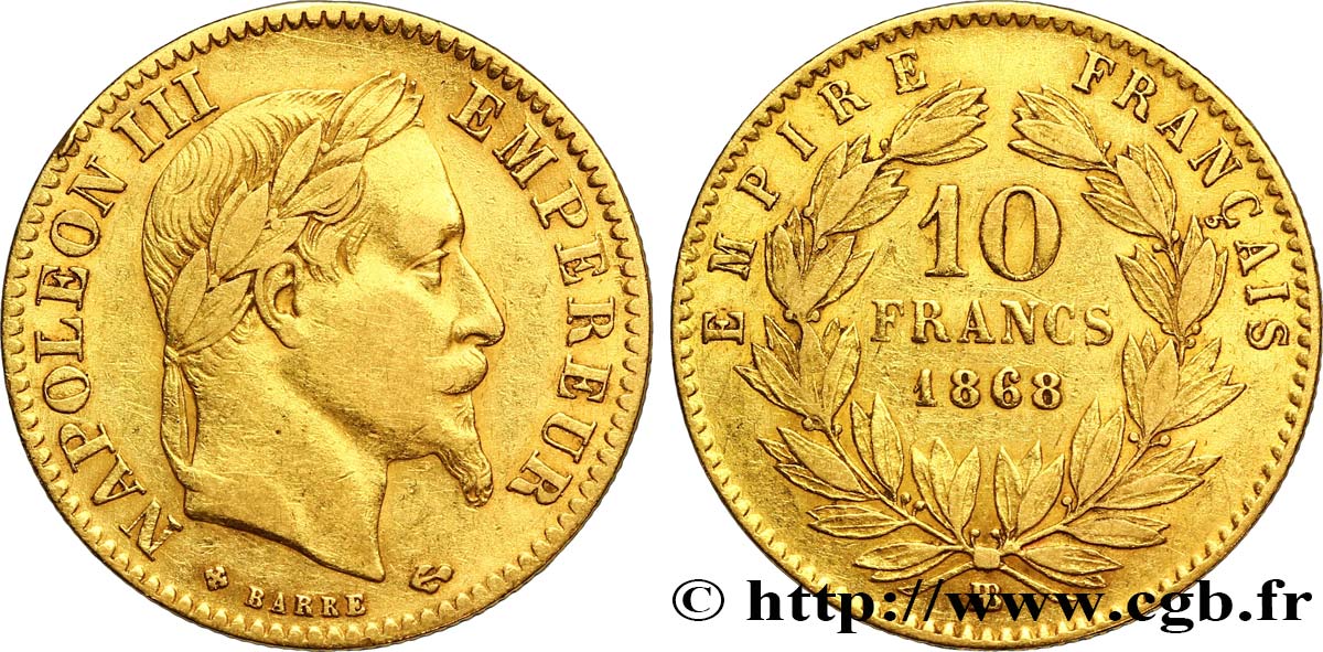 10 francs or Napoléon III, tête laurée 1868 Strasbourg F.507A/18 BB45 