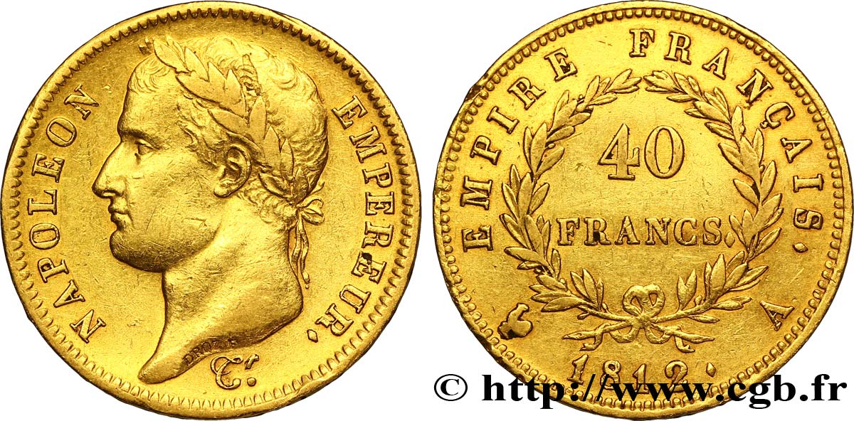 40 francs or Napoléon tête laurée, Empire français 1812 Paris F.541/9 XF48 