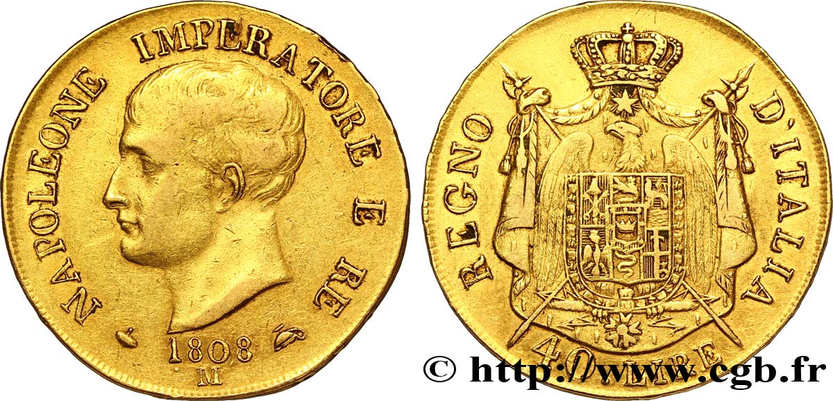 40 lire or Napoléon Empereur et Roi d’Italie, 1er type, tranche en relief 1808 Milan VG.1311  TTB40 