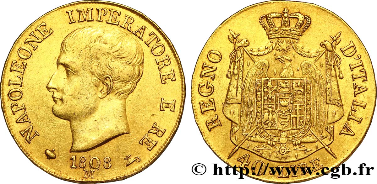 40 lire or Napoléon Empereur et Roi d’Italie, 1er type, tranche en relief 1808 Milan VG.1311  TTB50 