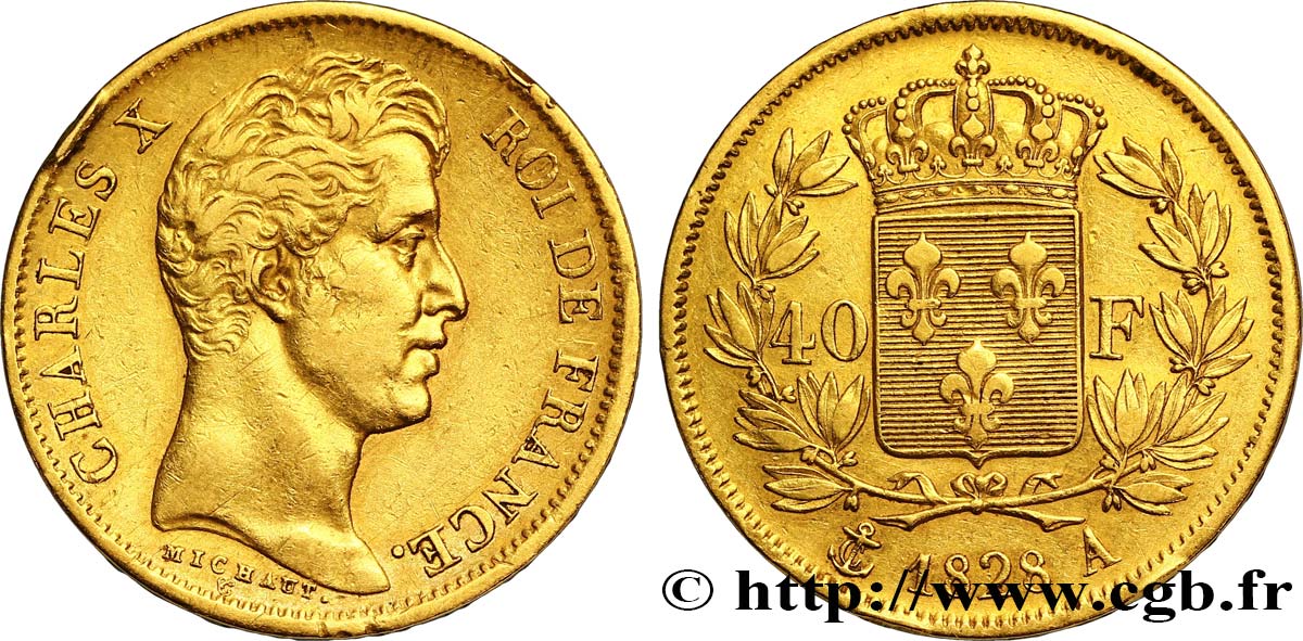 40 francs or Charles X, 2e type 1828 Paris F.544/3 XF48 