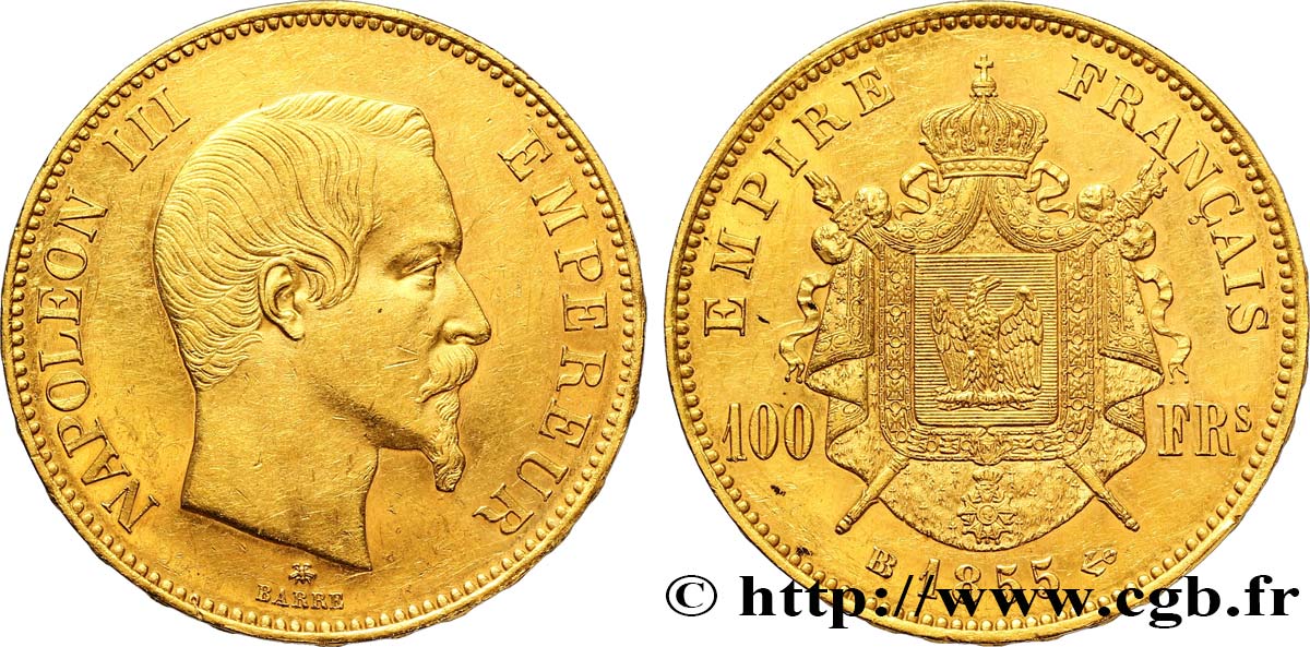 100 francs or Napoléon III, tête nue 1855 Strasbourg F.550/2 AU52 