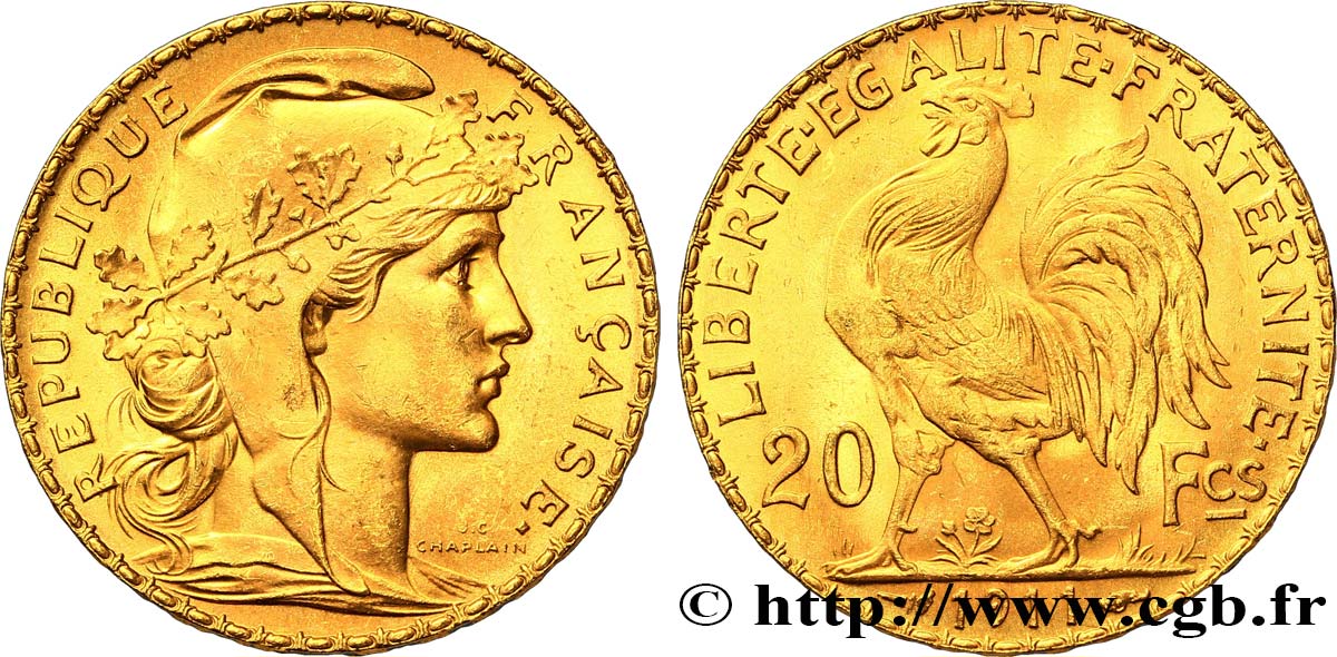 20 francs or Coq, Liberté Égalité Fraternité 1911 Paris F.535/5 EBC60 