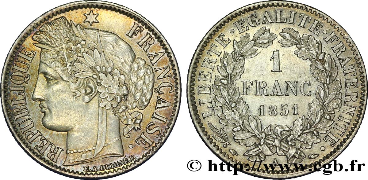 1 franc Cérès, IIe République 1851 Paris F.211/9 SUP58 