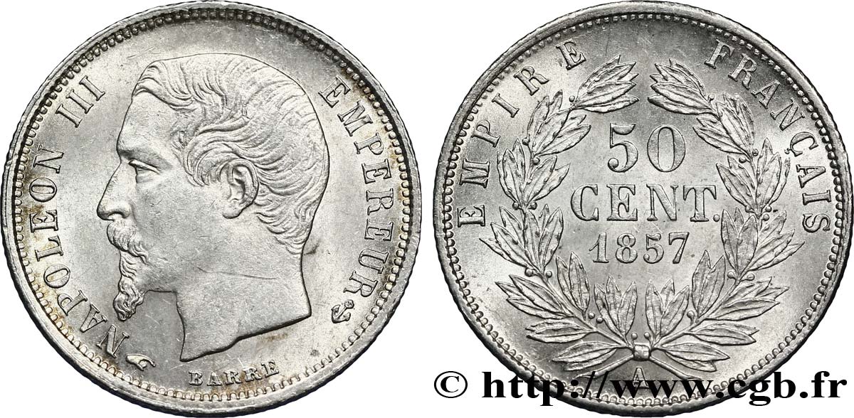 50 centimes Napoléon III, tête nue 1857 Paris F.187/8 SPL62 