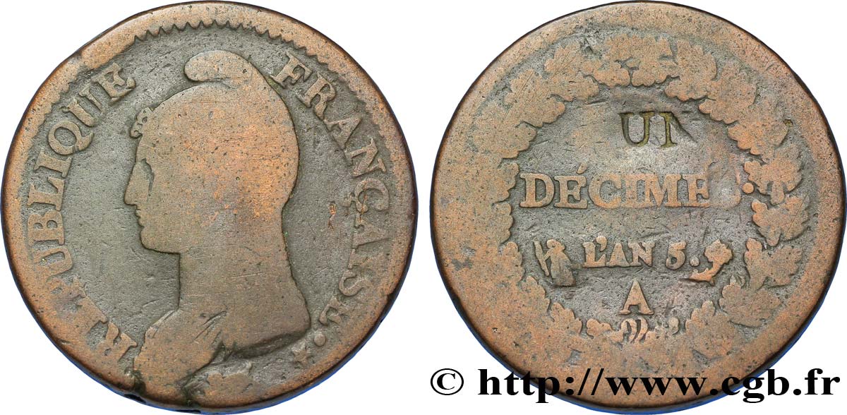 Un décime Dupré, modification du 2 décimes 1797 Paris F.127/5 B8 