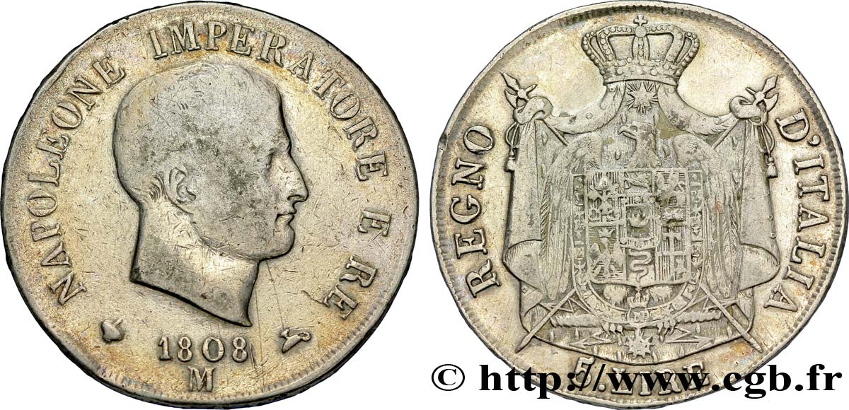 5 lire Napoléon Empereur et Roi d’Italie, 1er type, tranche en relief 1808 Milan M.218  VF20 