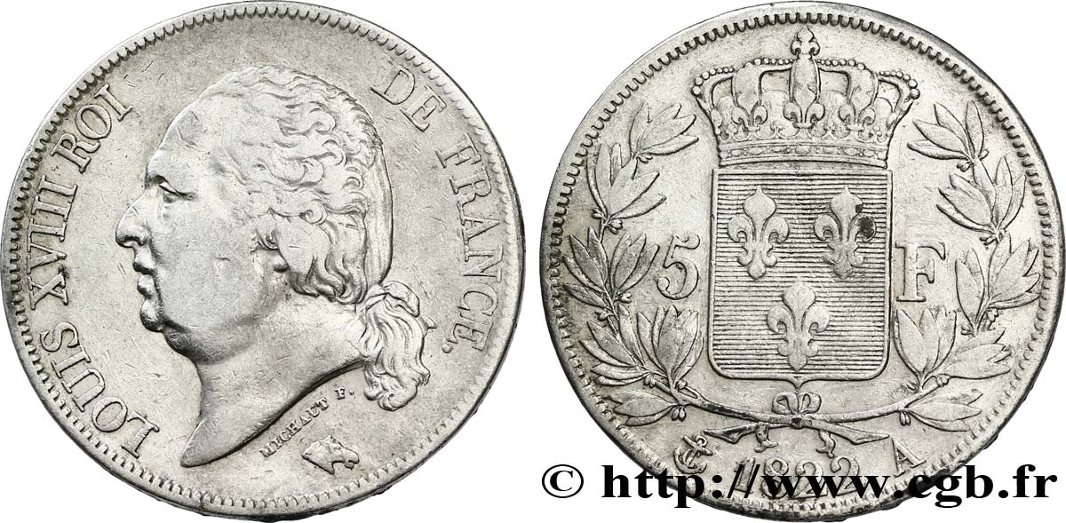 5 francs Louis XVIII, tête nue 1822 Paris F.309/68 TTB40 