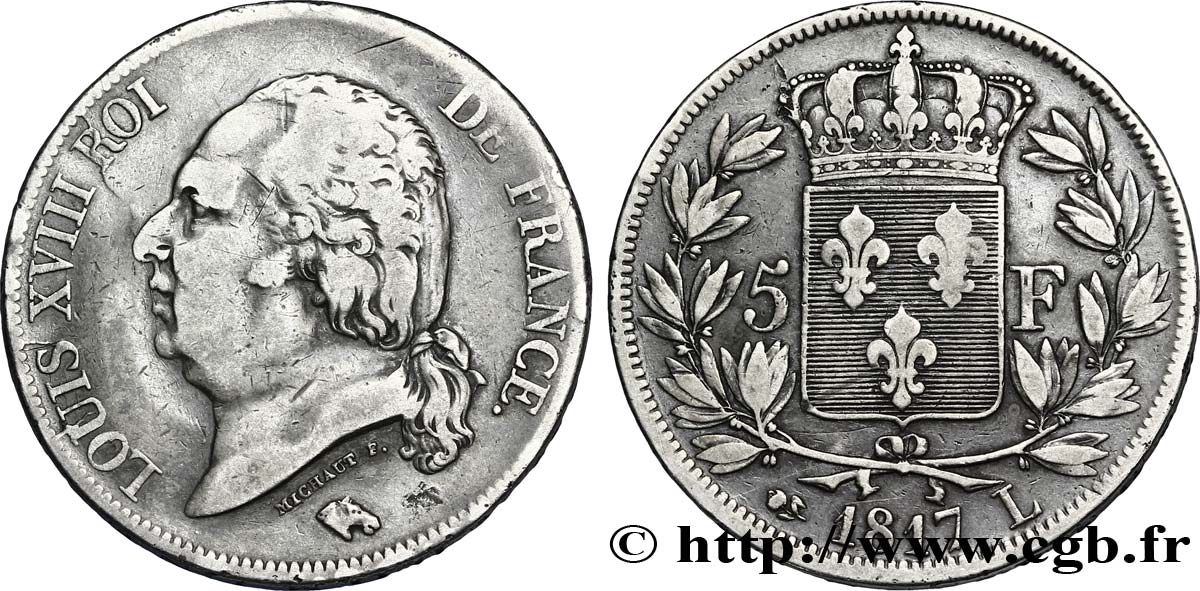 5 francs Louis XVIII, tête nue 1817 Bayonne F.309/22 TB22 