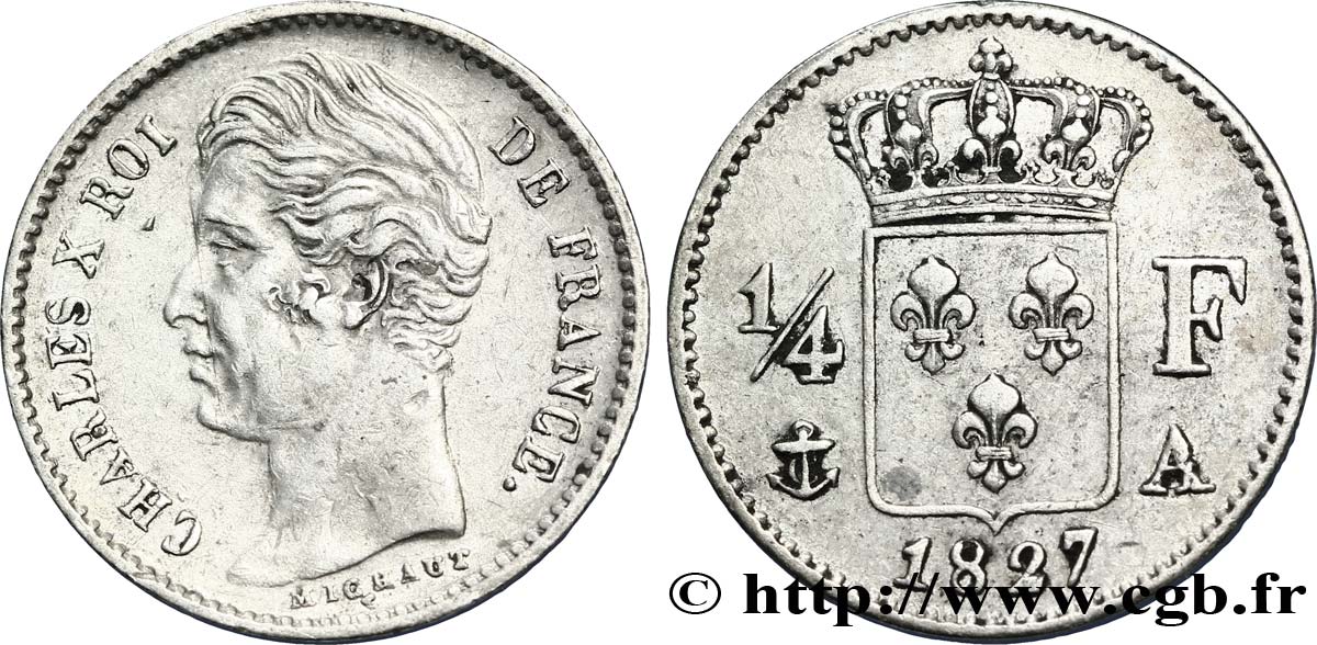1/4 franc Charles X 1827 Paris F.164/10 TTB48 
