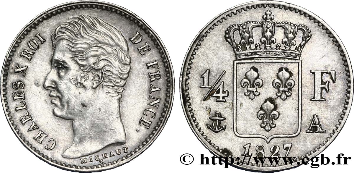 1/4 franc Charles X 1827 Paris F.164/10 TTB50 