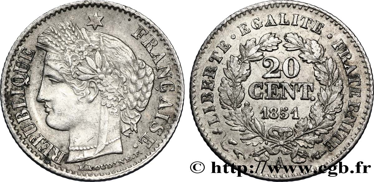 20 centimes Cérès, IIe République 1851 Paris F.146/7 XF48 