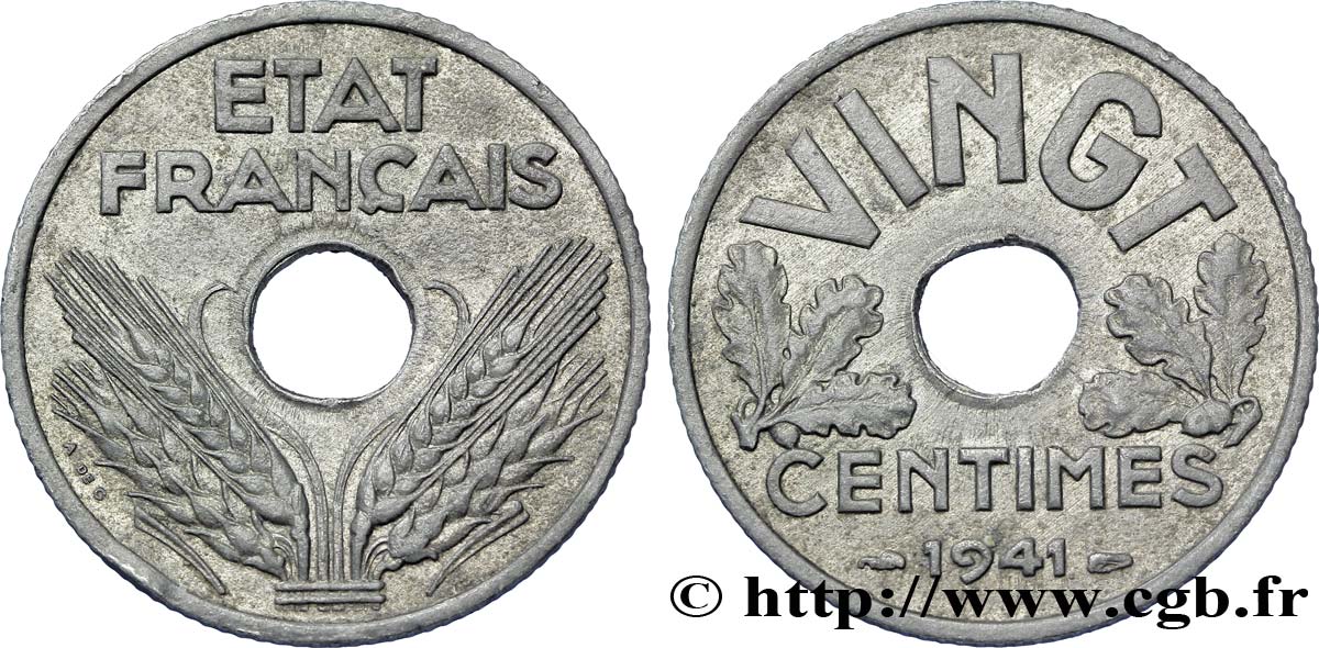 VINGT centimes État français 1941  F.152/2 AU55 