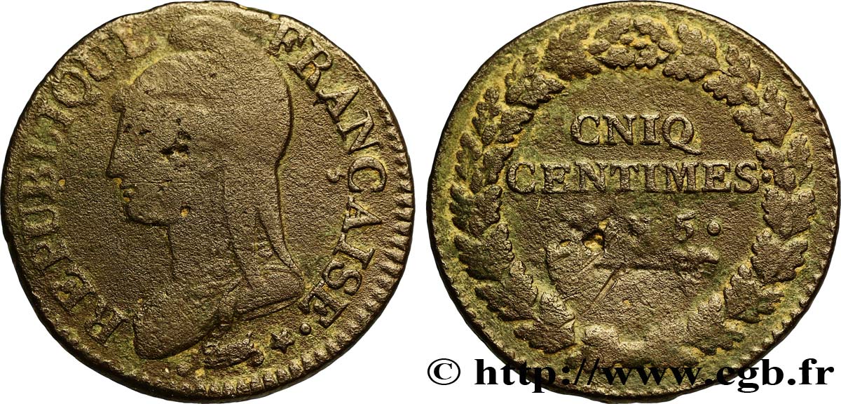Cinq centimes Dupré, grand module, CNIQ 1797 Lille F.115/34 B8 