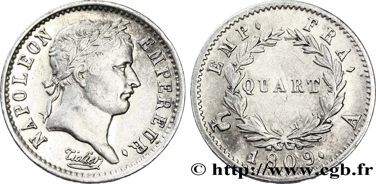 Quart (de franc) Napoléon Ier tête laurée, Empire français 1809 Paris F.162/1 XF45 