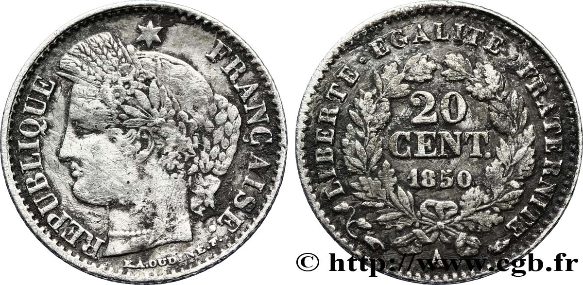 20 centimes Cérès, IIe République 1850 Paris F.146/3 XF45 