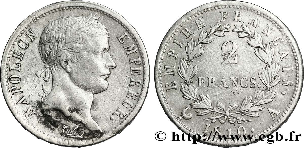 2 francs Napoléon Ier tête laurée, Empire français 1810 Paris F.255/10 TTB40 