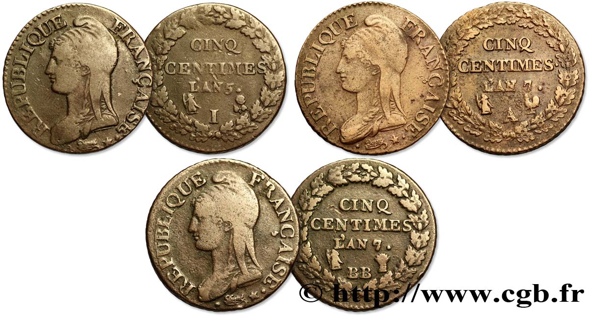 Lot de trois pièces de Cinq centimes Dupré, grand module (F.115) n.d. n.l. F.115/- TB/TB+ 
