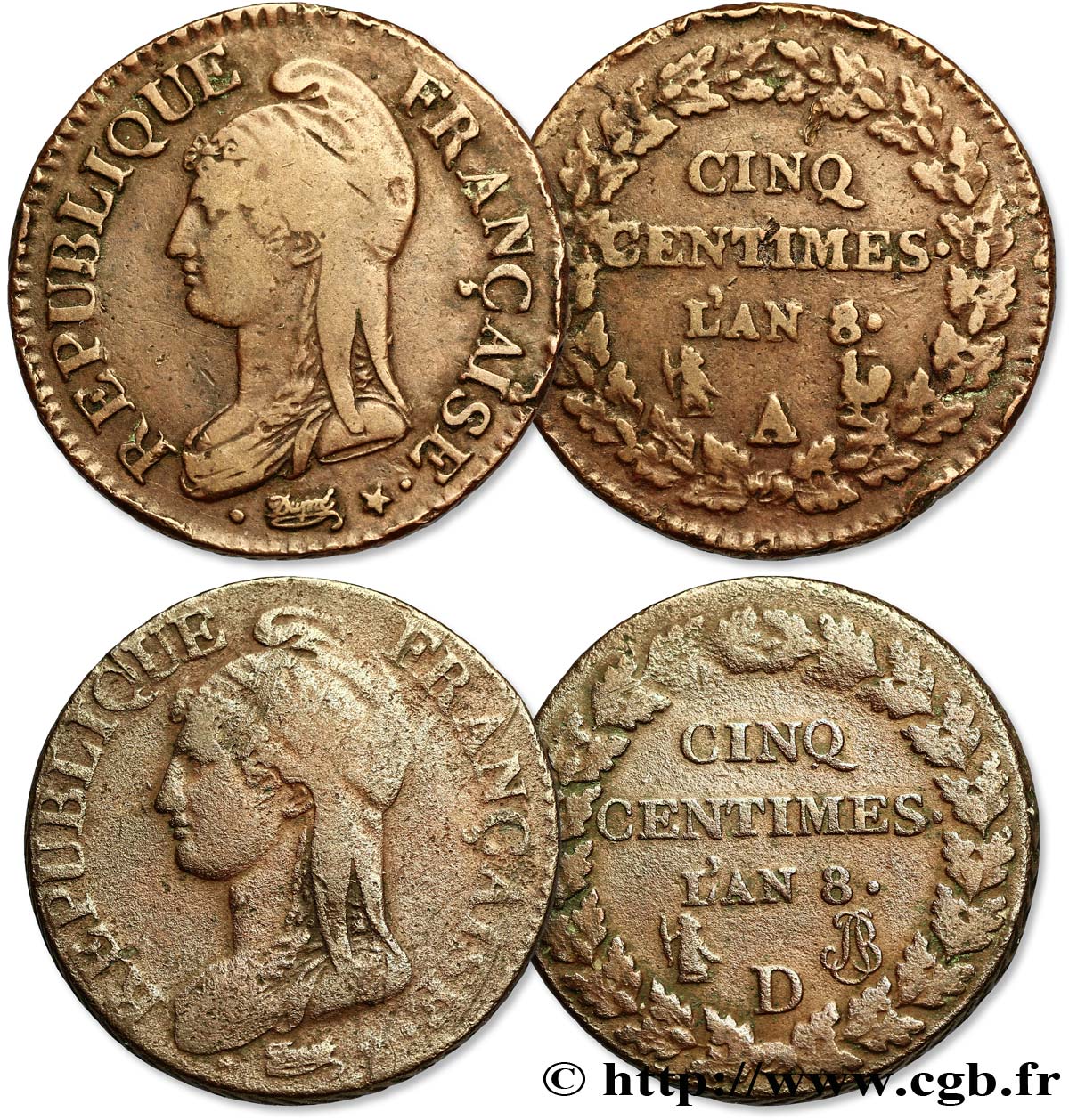 Lot de deux pièces de Cinq centimes Dupré, grand module (F.115) n.d. n.l. F.115/- BC/BC+ 