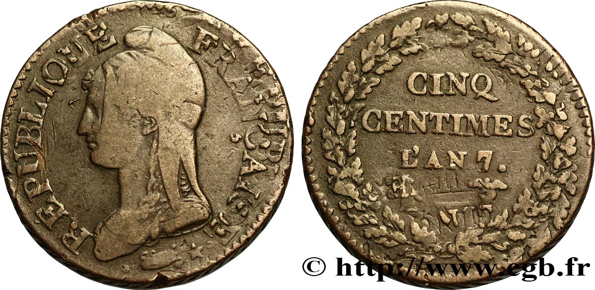 Cinq centimes Dupré, grand module, double frappe 1799 Lille F.115/41 var. TB15 