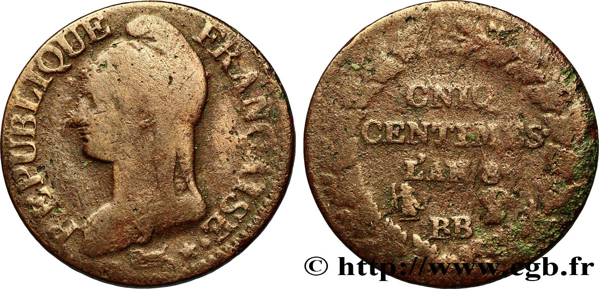 Cinq centimes Dupré, grand module, CNIQ 1800 Strasbourg F.115/117 B10 