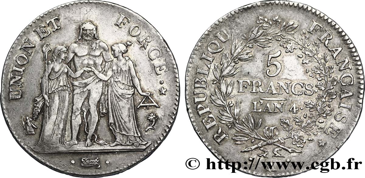 5 francs Union et Force, Union serré, avec glands intérieurs et gland extérieur 1796 Paris F.288/2 TTB53 