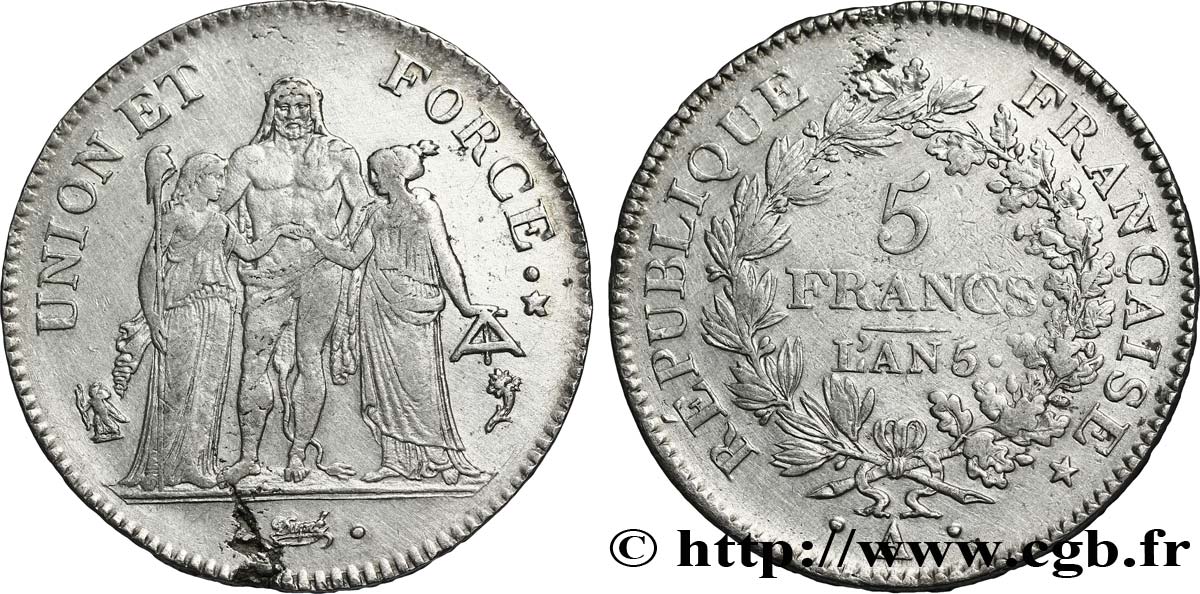 5 francs Union et Force, Union serré, avec glands intérieurs et gland extérieur 1797 Paris F.288/4 MBC50 