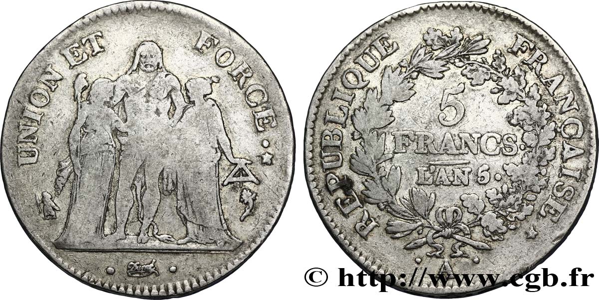 5 francs Union et Force, Union serré, avec glands intérieurs et gland extérieur 1797 Paris F.288/9 MB18 