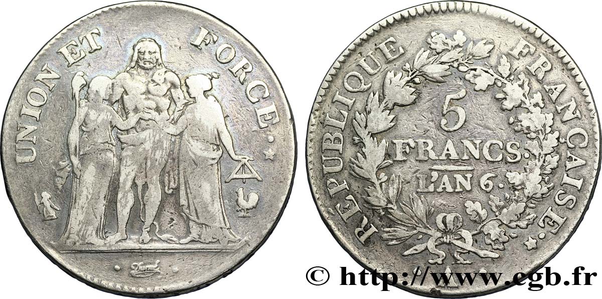 5 francs Union et Force, Union serré, avec glands intérieurs et gland extérieur 1798 Paris F.288/42 BC25 