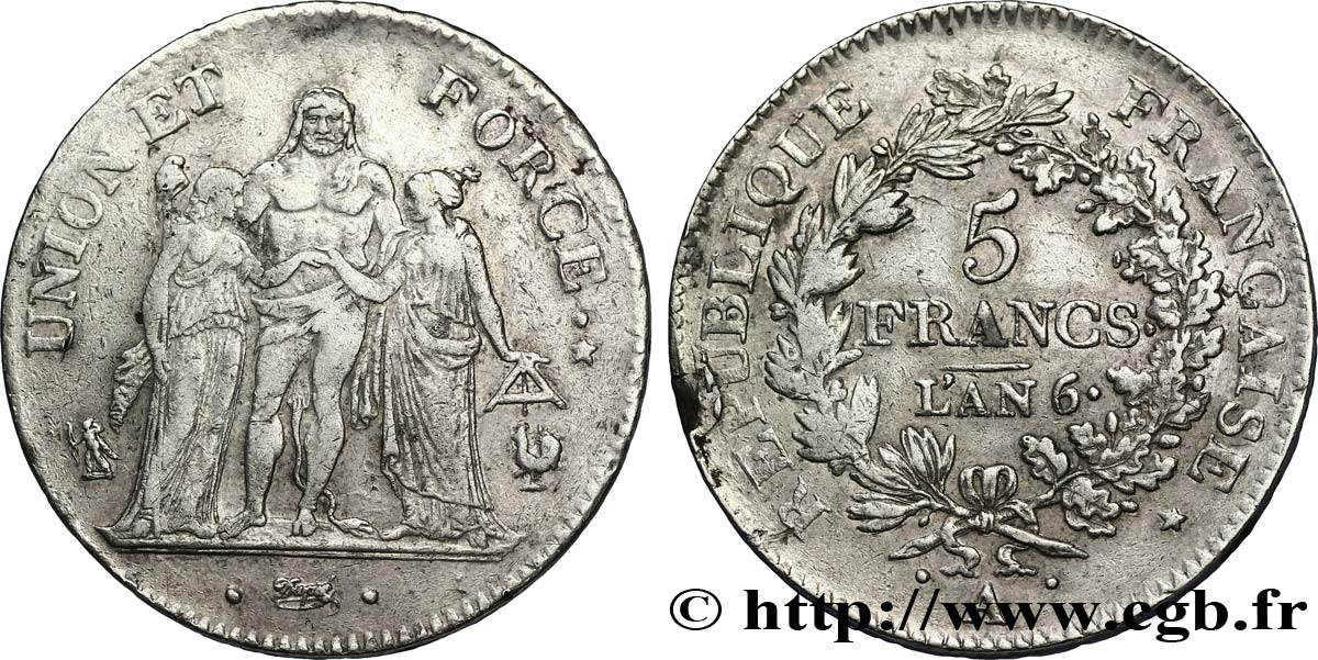 5 francs Union et Force, Union serré, avec glands intérieurs et gland extérieur 1798 Paris F.288/45 TTB42 