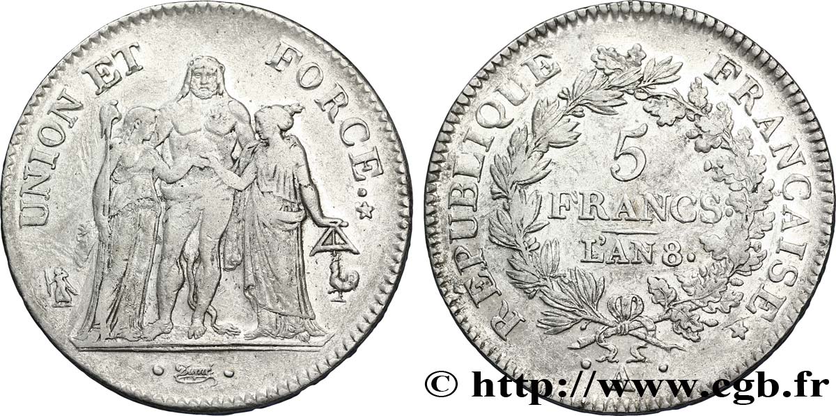 5 francs Union et Force, Union serré, avec glands intérieurs et gland extérieur 1800 Paris F.288/126 TTB42 
