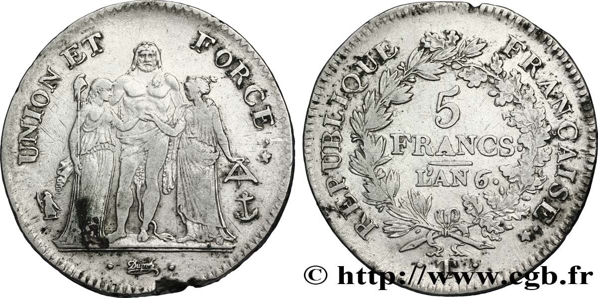 5 francs Union et Force, Union serré, avec glands intérieurs et gland extérieur 1798 Nantes F.288/91 TB38 